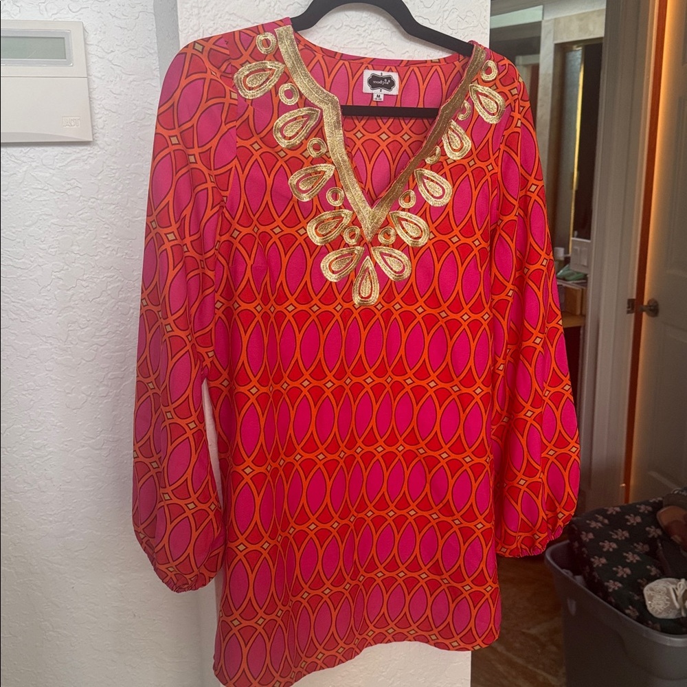 Mud Pie Pink and Orange Embellished V-Neck Tunic
